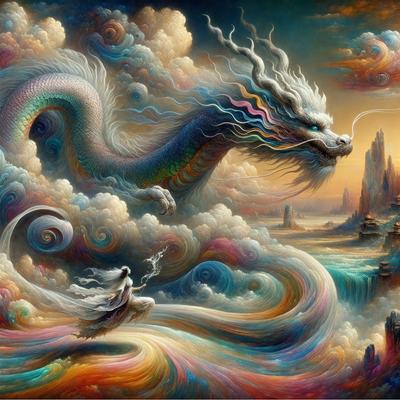The primary subject of the image is a dragon, which is depicted in a vibrant and colorful manner. The dragon is surrounded by a cloudy sky, and it appears to be flying or swimming in the air. The setting is a fantastical and imaginative world, with the dragon as the central focus. The visual style of the image is a combination of digital art and illustration, creating a dynamic and engaging scene. The colors and mood of the image are lively and energetic
